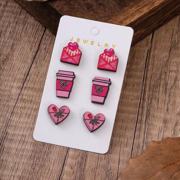 Valentine’s Romantic Wood Handmade 3 Piece Set Love Coffee Cup Stud Earrings - Picture 4 of 4